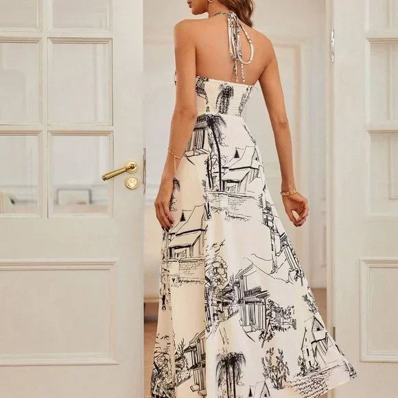 Landscape Print Tie Backless Halter Dress - Picture 3 of 5